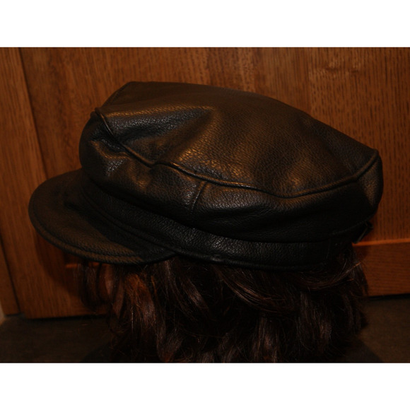 Vintage Biker Motorcycle Black Leather Cabbie Captain Cap Hat Strapback USA Made - Picture 5 of 7